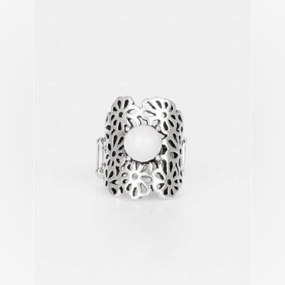 *White bead dots and silver ring.